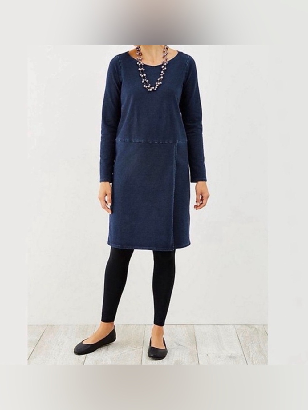 J. Jill Pure Jill Faux Wrap Dress Lg Tall Long Sleeve Indigo Dyed Knit Cotton